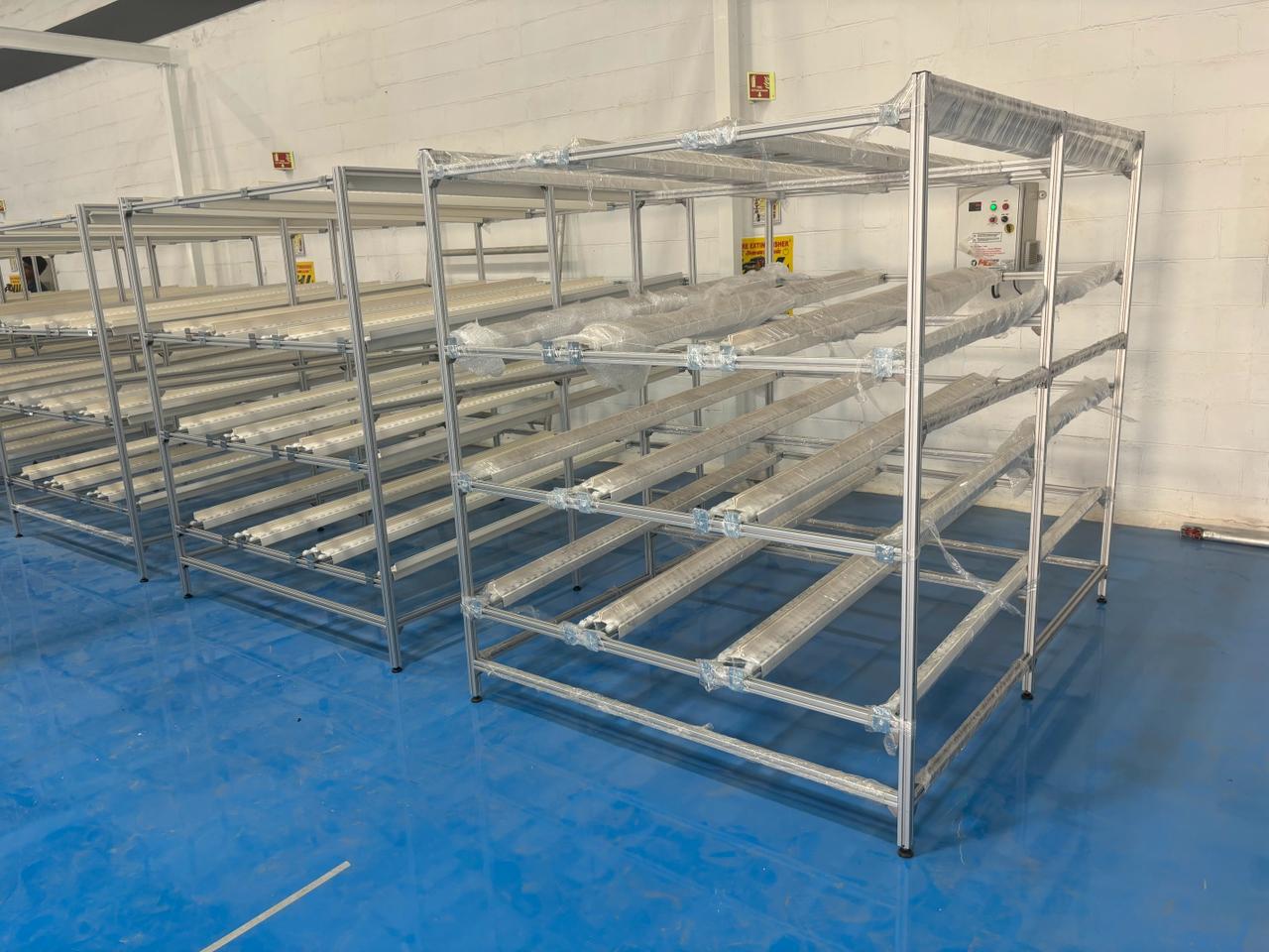 Flow racks for super market storage at assembly line and stores